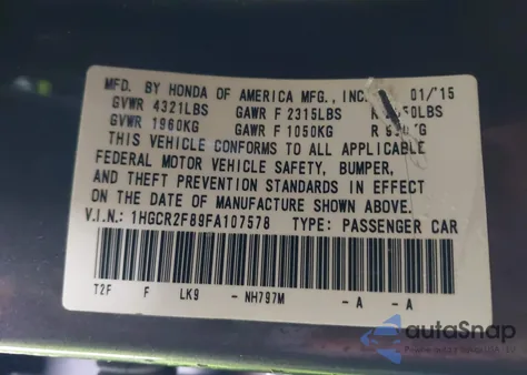 2015 Honda Accord Ex-L z USA, uszkodzony, nr VIN 1HGCR2F89FA107578